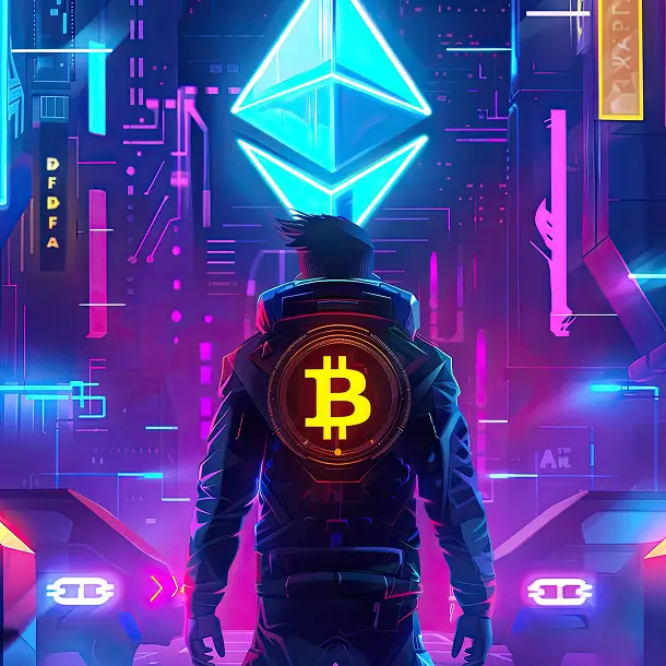 Cyberpunk figure with glowing Bitcoin and Ethereum symbols in neon city