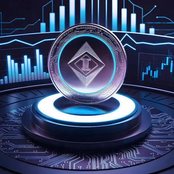 Silver crypto coin on glowing pedestal with blue market charts