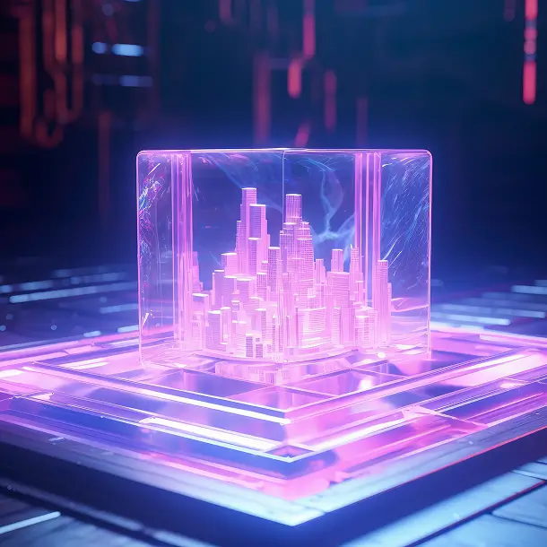 Glowing cube with miniature neon city skyline on futuristic platform
