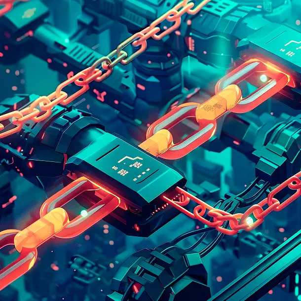 Glowing orange blockchain chains linked to teal digital network modules