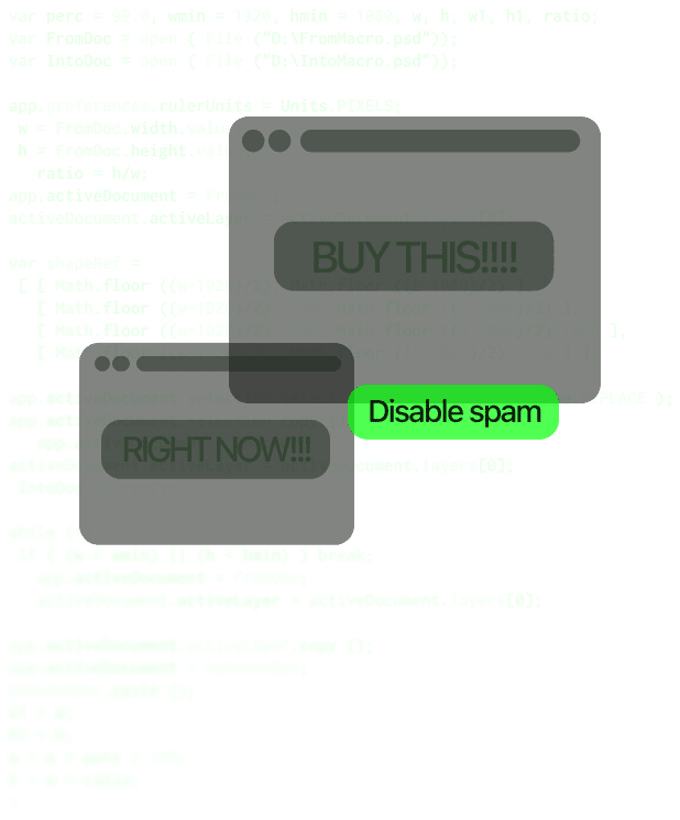 Spam pop-up ads with bright green disable spam button