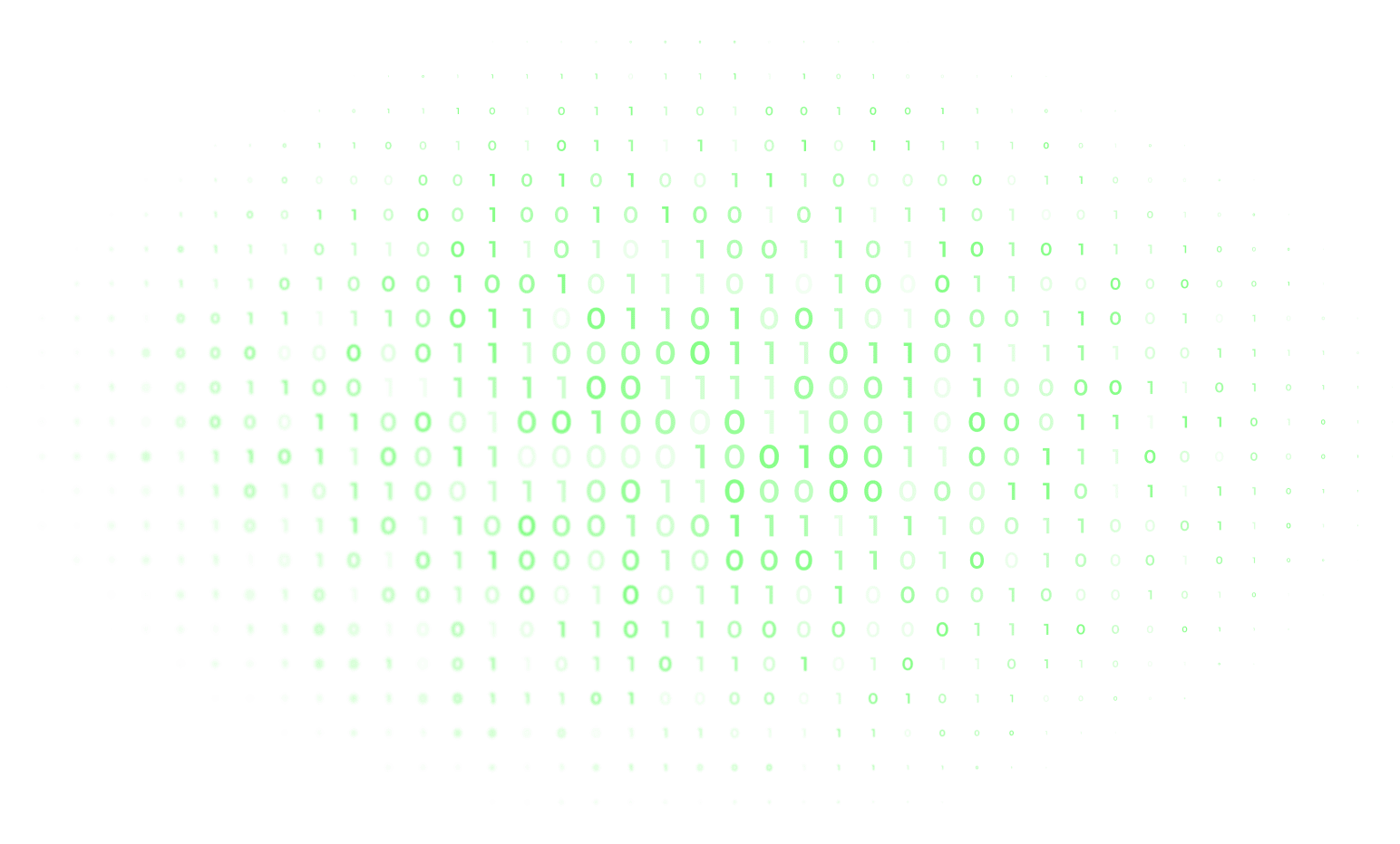 Green binary code matrix glowing on black background