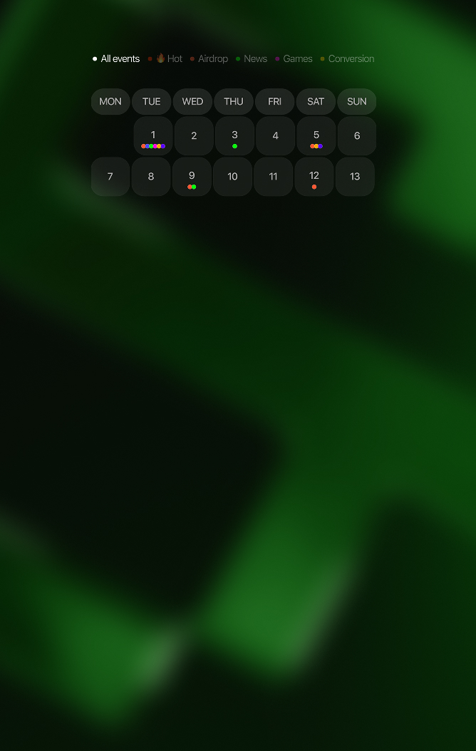 Syndicate two-week calendar with event filters and colored date dots