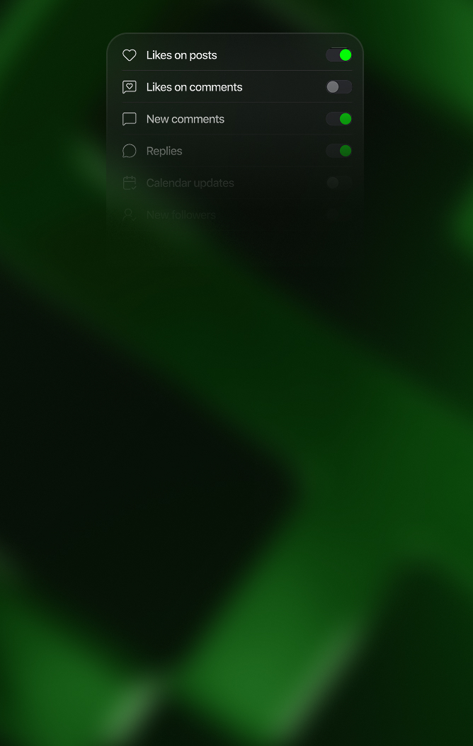 Syndicate mobile notification settings with likes and comments toggles