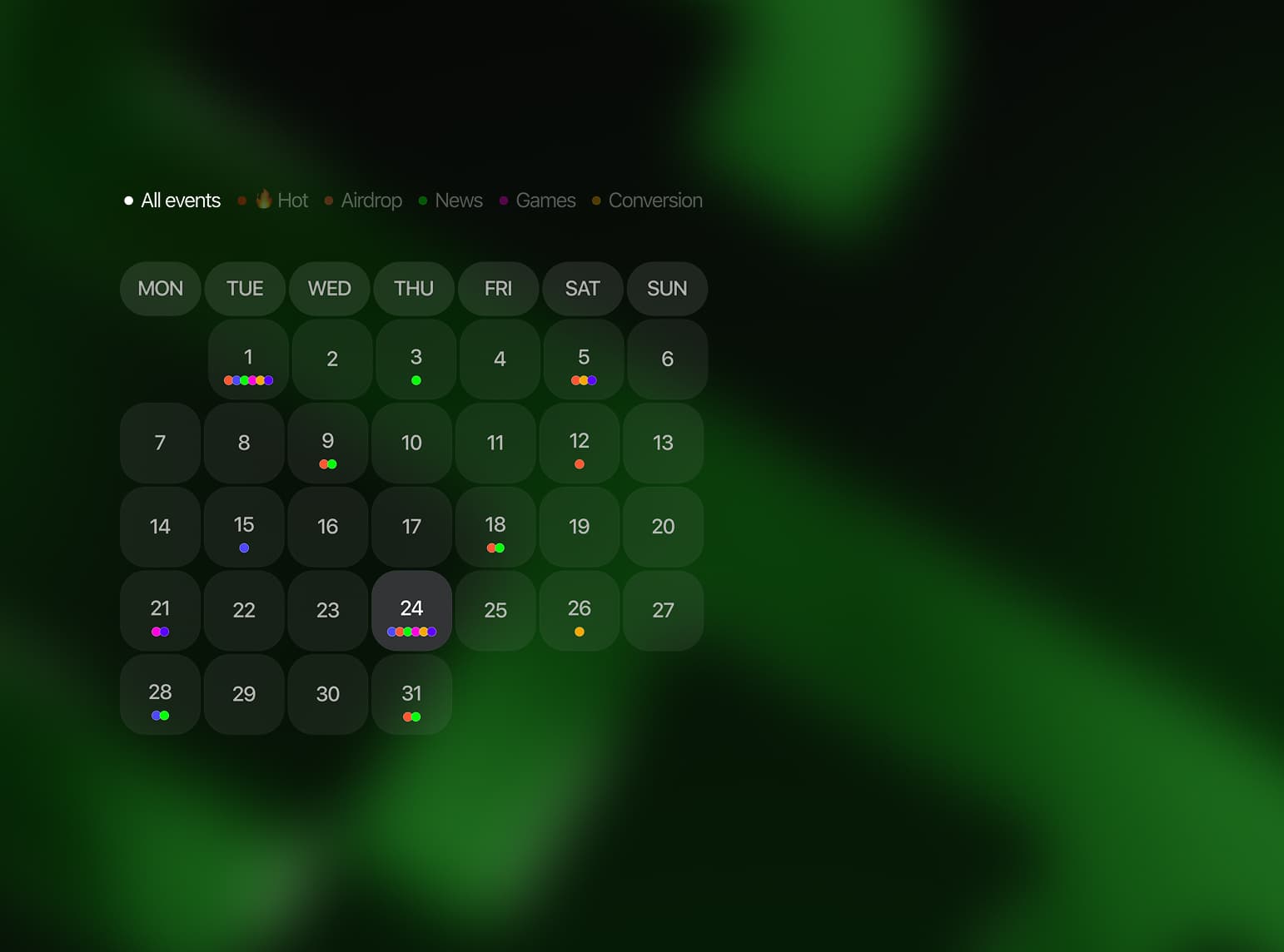 Syndicate monthly calendar with event category filters and date markers