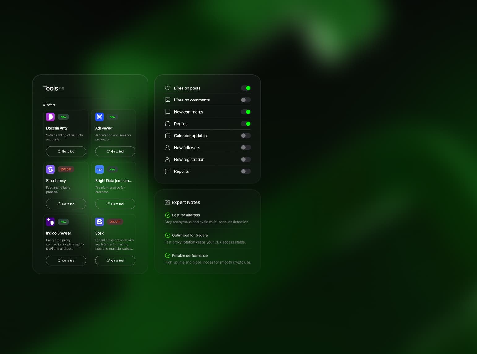 Syndicate tools panel with proxy services and notification settings