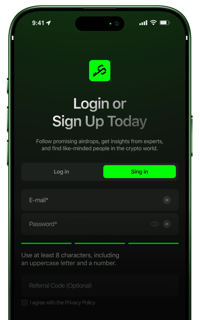 Syndicate sign up screen on iPhone with email and password fields