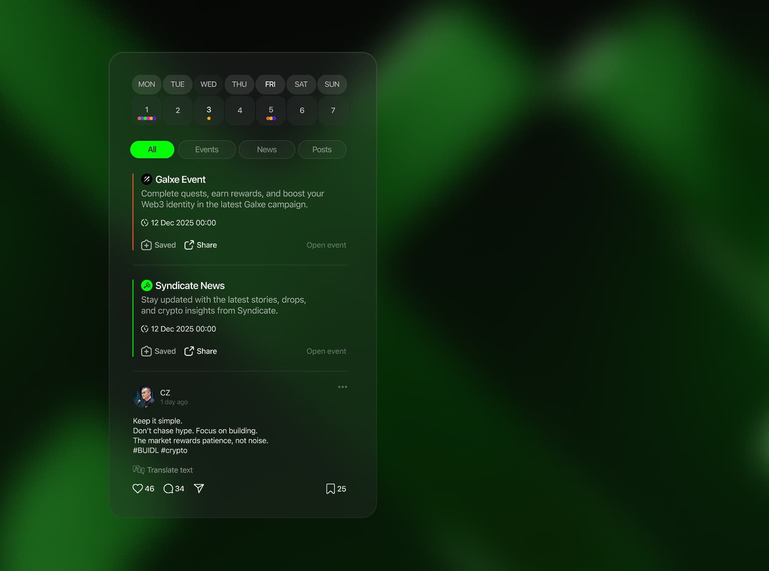 Syndicate community feed with calendar filters events news and posts